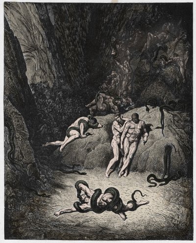 Inferno, Gesang 25: Agnello verwandelt sich in eine Schlange (Illustration aus Die Göttliche Komödie von Dante Alighieri, 1885) von Gustave after Dore